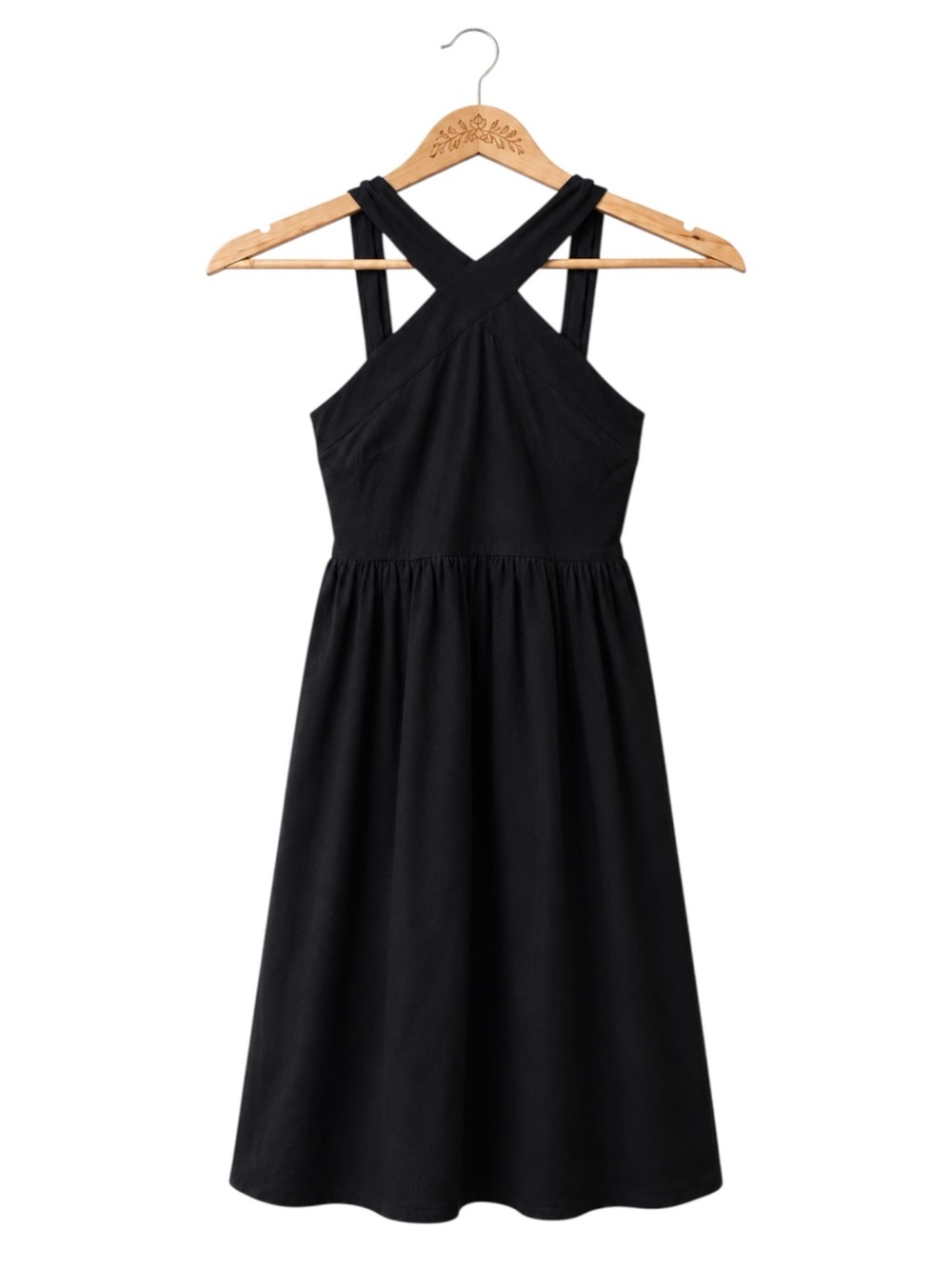 Black Linen Blend Cross Back Midi Dress Pockets Size Small Vacation Coastal